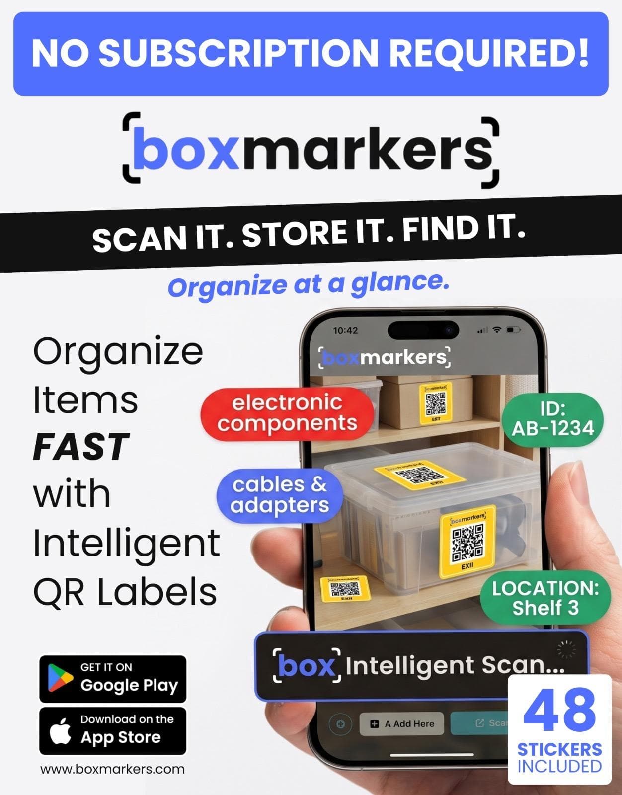 Boxmarkers product showcase - QR labeled boxes, stickers included, no subscription required